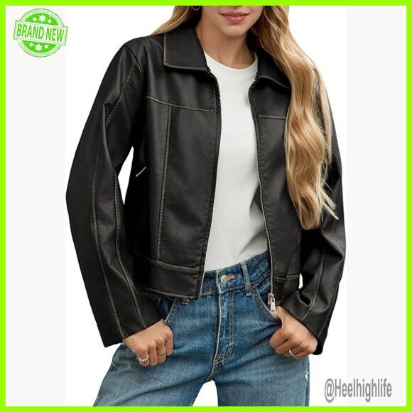Faux Leather Motorcycle Jacket Cropped Zip Up Long Sleeve Collar Pockets
